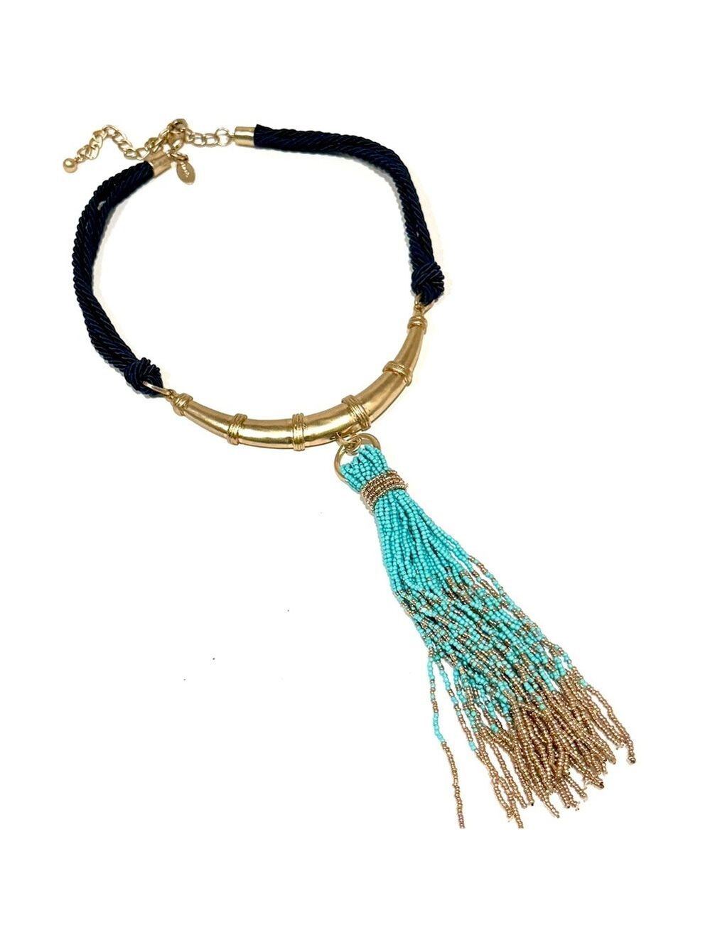 CHICO’S | Navy Rope & Aqua Beaded Tassel Golden Collar Necklace | NEW - Picture 4 of 8